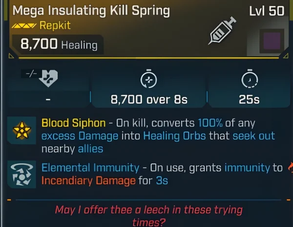 Borderlands 4 Mega Insulating Kill Spring Repkit Level 50 with Blood Siphon healing orbs and Elemental Immunity effect