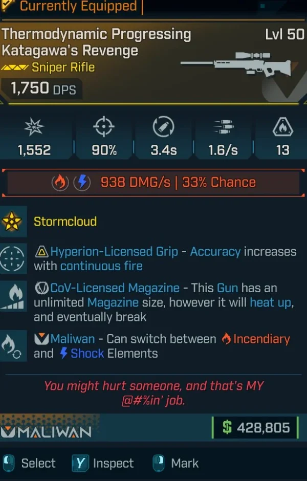 Borderlands 4 Thermodynamic Progressing Katagawa’s Revenge – sniper rifle with Incendiary and Shock elements, Hyperion grip accuracy, infinite magazine mechanic.