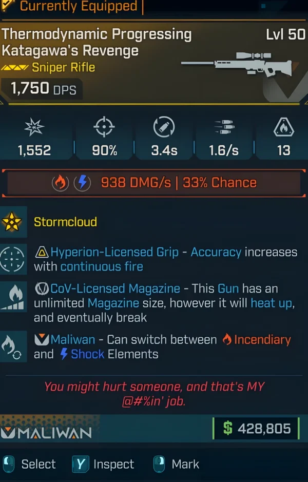 Borderlands 4 Thermodynamic Progressing Katagawa’s Revenge – sniper rifle with Incendiary and Shock elements, Hyperion grip accuracy, infinite magazine mechanic.