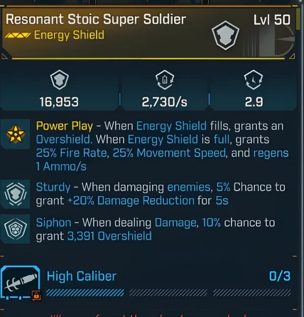 Borderlands 4 Resonant Stoic Super Soldier Energy Shield Level 50 with Overshield buffs, regen, and damage reduction
