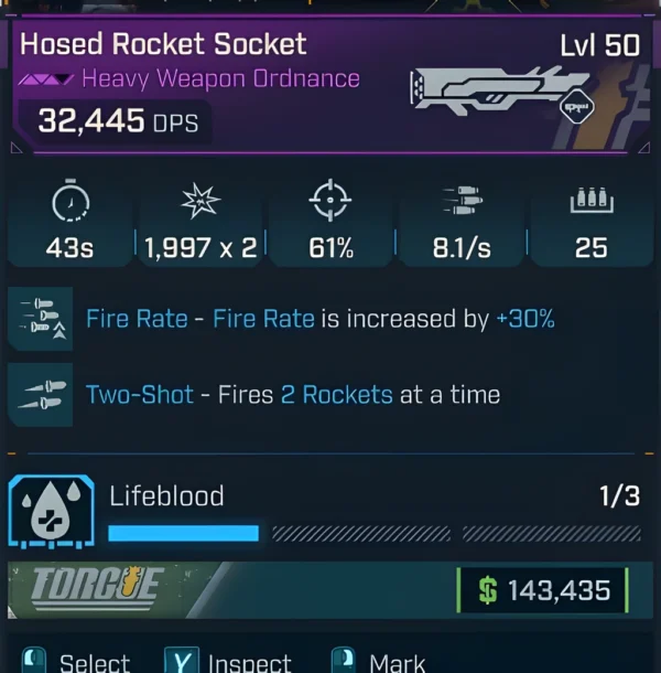 Borderlands 4 Legendary Hosed Rocket Socket, level 50 heavy weapon ordnance with 32,445 DPS, +30% fire rate, and dual rocket Two-Shot perk. Core launcher in Amon spam build.