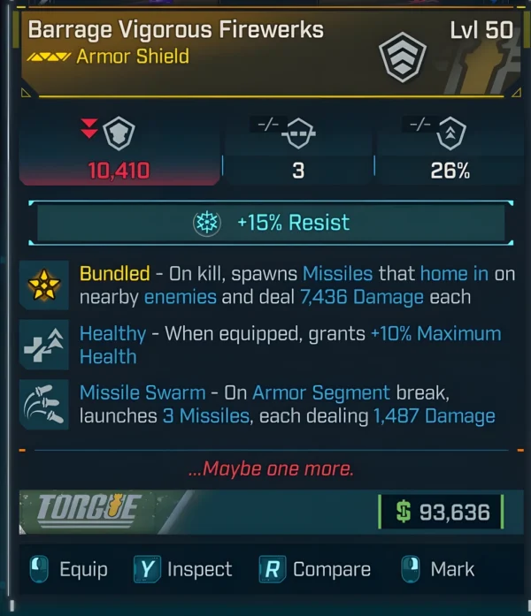 Borderlands 4 Barrage Vigorous Firewerks Armor Shield Level 50 with missile swarm and +10% maximum health