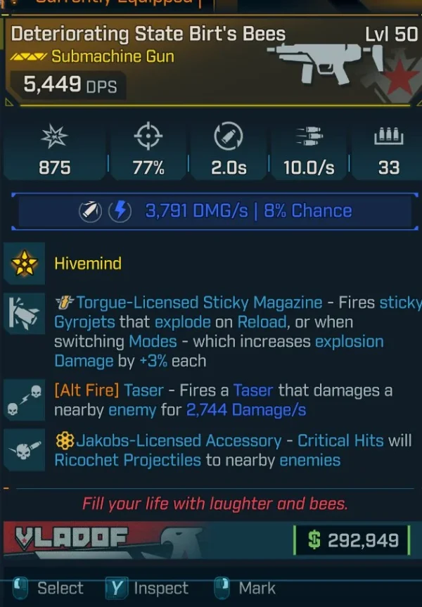 Borderlands 4 Deteriorating State Birt’s Bees SMG – legendary SMG with Torque sticky gyrojet magazine, alt fire taser, ricochet crits, massive elemental DPS.