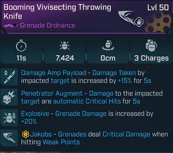Borderlands 4 Booming Vivisecting Throwing Knife Level 50 with Penetrator Augment guaranteed crits and Jakobs grenade crits