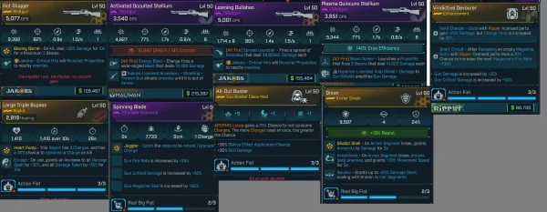 Borderlands 4 inventory screen showing BIS items for the Billion Melee Damage Rafa build. Key items include Hot Slugger, Activated Occulted Stellium, Looming Dullahan, Plasma Quincunx Stellium, Vindictive Devourer, Onion Legendary Armor Shield, All-Out Buster Class Mod, Large Triple Bypass Repkit, and Spinning Blade grenade mod—all rolled for maximum melee synergy.