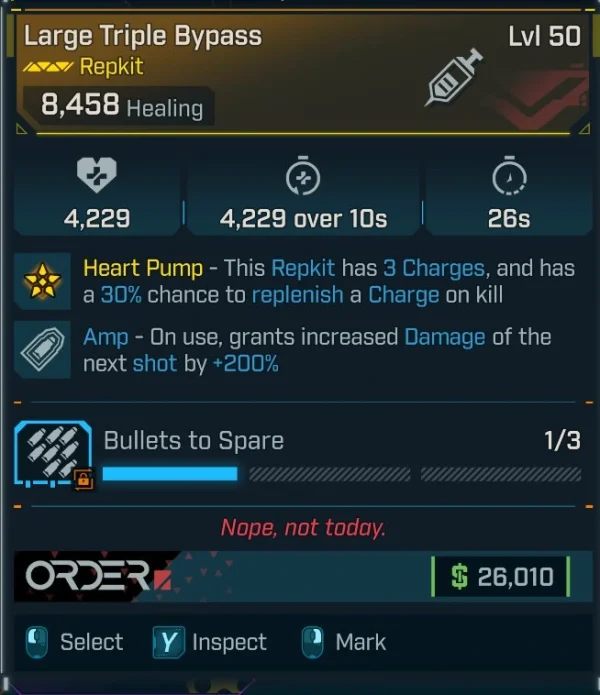 Borderlands 4 Large Triple Bypass Repkit Level 50 with Heart Pump and +200% next shot damage boost