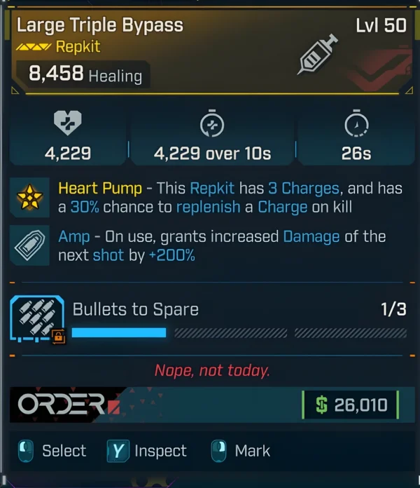 Borderlands 4 Large Triple Bypass Repkit Level 50 with Heart Pump and +200% next shot damage boost