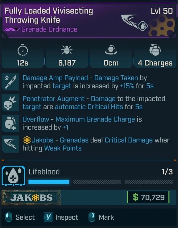 Borderlands 4 Fully Loaded Vivisecting Throwing Knife Level 50 with Penetrator Augment and Lifeblood firmware