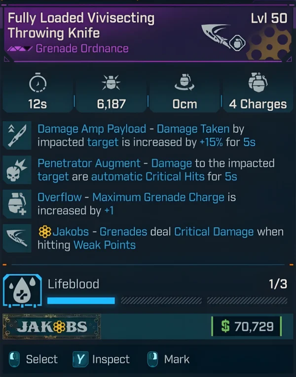 Borderlands 4 Fully Loaded Vivisecting Throwing Knife Level 50 with Penetrator Augment and Lifeblood firmware