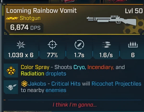 Borderlands 4 Looming Rainbow Vomit Shotgun Level 50 with Cryo, Incendiary, and Radiation elemental damage and Jakobs ricochet critical hits