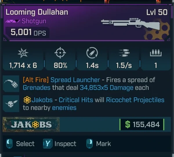 Borderlands 4 Looming Dullahan Shotgun Level 50 with Spread Launcher firing grenades and Jakobs ricochet critical hits