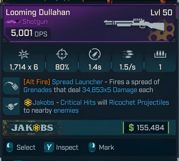 Borderlands 4 Looming Dullahan Shotgun Level 50 with Spread Launcher firing grenades and Jakobs ricochet critical hits