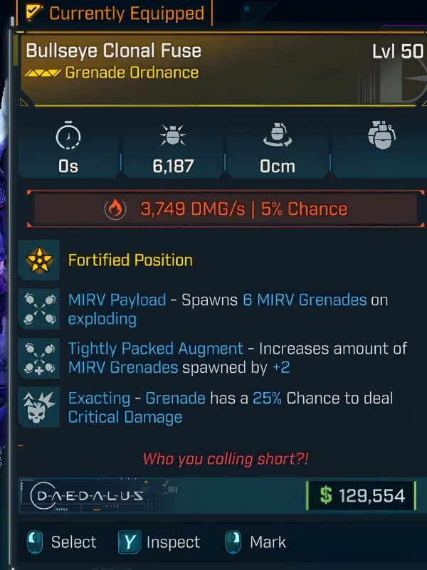 Borderlands 4 Bullseye Clonal Fuse grenade stats screen showing level 50 grenade with MIRV payload, spawning multiple grenades on explosion, increased MIRV count, and a 25% chance to deal critical damage.