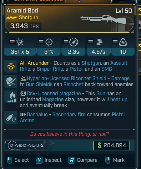 Borderlands 4 Ceramic BOD Godroll Shotgun – 4927 DPS, Torgue Sticky Magazine, Hyperion Shield, Daedalus secondary SMG ammo, perfect damage build.