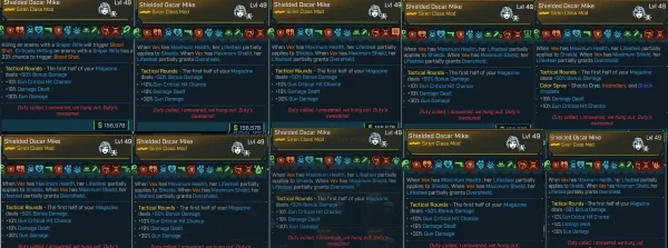 Screenshot collage showing 15 different Shielded Oscar Mike Siren Class Mods for Vex in Borderlands 4, each mod displaying extensive skill allocations with over 14 skills, highlighting key perks like Tactical Rounds bonus damage, increased gun critical hit chance, lifesteal, overshield, and elemental color spray effects. The mods showcase deep customization across skill trees for maximizing Vex's combat potential