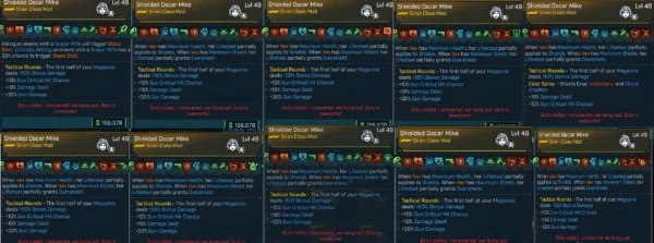 Screenshot collage showing 15 different Shielded Oscar Mike Siren Class Mods for Vex in Borderlands 4, each mod displaying extensive skill allocations with over 14 skills, highlighting key perks like Tactical Rounds bonus damage, increased gun critical hit chance, lifesteal, overshield, and elemental color spray effects. The mods showcase deep customization across skill trees for maximizing Vex's combat potential