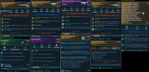 Close-up screenshot of Catastrophic Reactive legendary enhancement and Die Hard Oscar Mike Exo-Soldier class mod in Borderlands 4, highlighting detailed stats, modifiers, and skill bonuses for the Modded Rafa Build