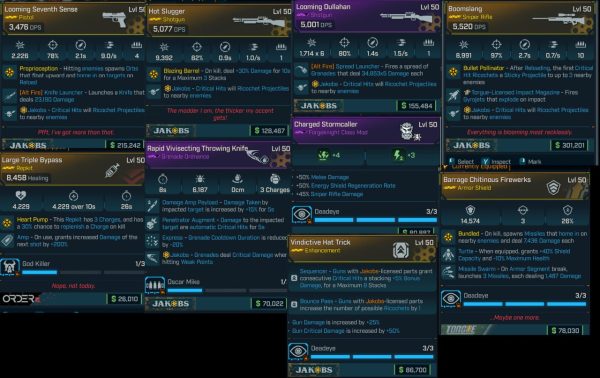 Borderlands 4 Amon One Shot Critical Spam Build — inventory screen showing multiple legendary weapons, shields, repkits, and class mods including Looming Dullahan, Boomslang, Hot Slugger, Large Triple Bypass, Charged Stormcaller, and Vindictive Hat Trick.