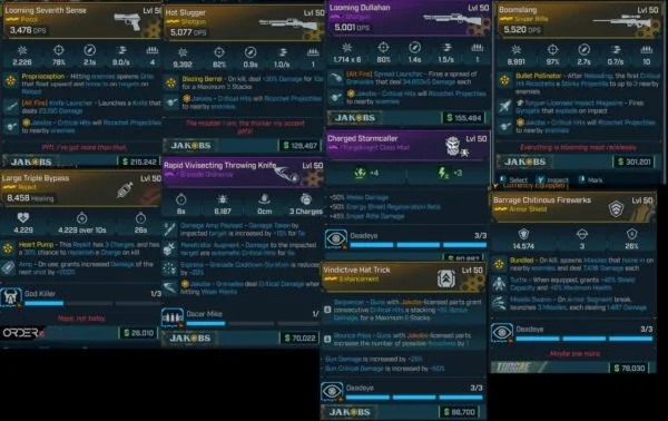 Borderlands 4 Amon One Shot Critical Spam Build — inventory screen showing multiple legendary weapons, shields, repkits, and class mods including Looming Dullahan, Boomslang, Hot Slugger, Large Triple Bypass, Charged Stormcaller, and Vindictive Hat Trick.