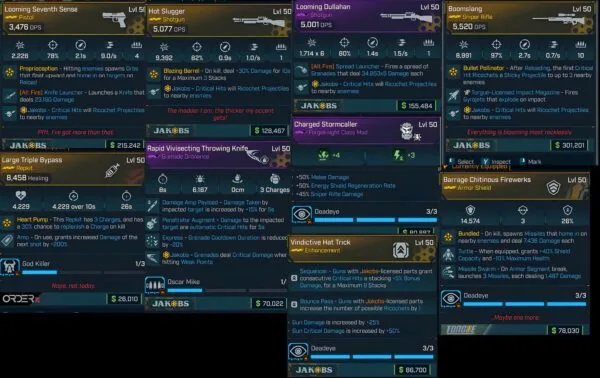 Borderlands 4 Amon One Shot Critical Spam Build — inventory screen showing multiple legendary weapons, shields, repkits, and class mods including Looming Dullahan, Boomslang, Hot Slugger, Large Triple Bypass, Charged Stormcaller, and Vindictive Hat Trick.