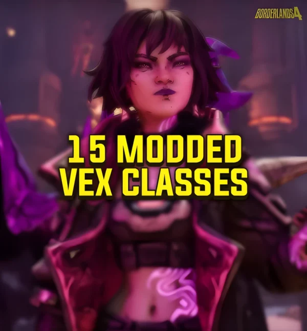 Borderlands 4 modded Vex class mods pack featuring 15 classes , cover image with purple Vex character, DamnModz produc