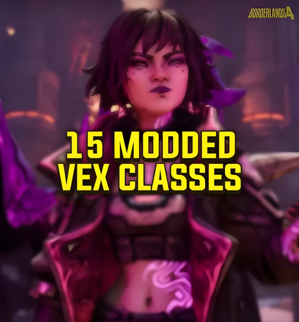 Borderlands 4 modded Vex class mods pack featuring 15 classes , cover image with purple Vex character, DamnModz produc