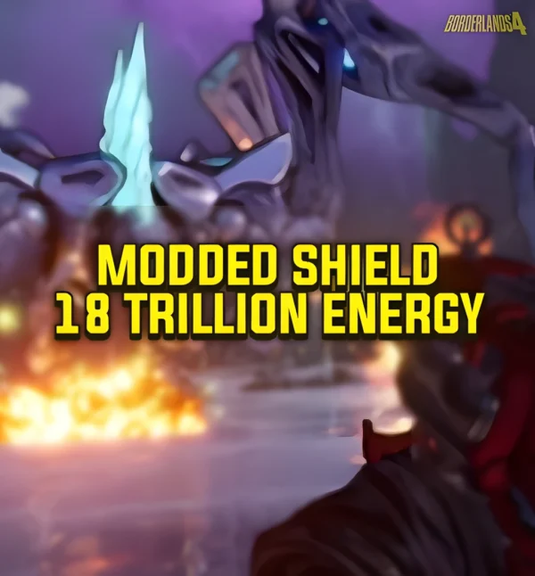 Borderlands 4 modded shield banner featuring 18 million energy capacity with atmospheric purple and blue lighting effects and defensive perks