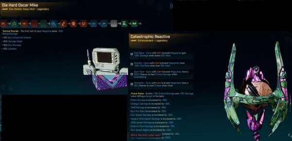 Screenshot showing the Borderlands 4 Modded Rafa Build inventory, featuring equipped legendary weapons like Panicking Hellwalker, Superconducting Plasma Coil, Deteriorating People's Kaosan, Finnity XXX-L, and powerful gear such as Spinning Blade grenade, Catastrophic Reactive enhancement, Adaptive High Capacity Shield, Recorpotator repkit, and Die Hard Oscar Mike class mod at level 50