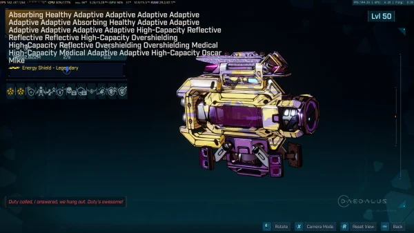 Borderlands 4 modded Energy Shield displaying gold and purple Daedalus legendary design with 18 trillion capacity and 12 perks including Absorbing Reflective Overshielding and Adaptive modifiers
