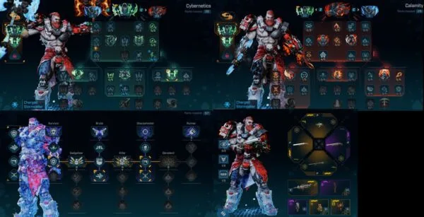 Borderlands 4 Amon Build skill trees — character with cybernetic and fiery skill paths displayed, featuring Charged Stormcaller class mod and detailed ability layouts for massive critical hit and one-shot damage setup.