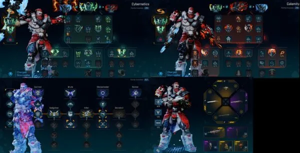 Borderlands 4 Amon Build skill trees — character with cybernetic and fiery skill paths displayed, featuring Charged Stormcaller class mod and detailed ability layouts for massive critical hit and one-shot damage setup.