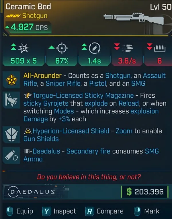 Borderlands 4 Aramid BOD Godroll Shotgun – 3943 DPS, CoV Magazine, Hyperion Shield, Daedalus secondary pistol ammo, all-around weapon mode.
