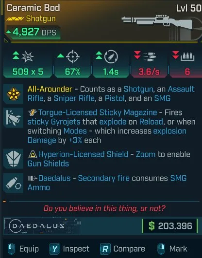 Borderlands 4 Aramid BOD Godroll Shotgun – 3943 DPS, CoV Magazine, Hyperion Shield, Daedalus secondary pistol ammo, all-around weapon mode.