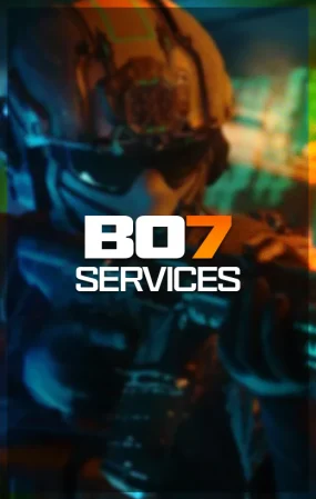 DamnModz graphic showing futuristic operator in a helmet and visor with vibrant lighting, overlaid with large white text ‘BO7 SERVICES’ — illustrating the company’s boost and modded-account offerings for Black Ops 7/Call of Duty