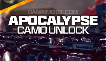 BO7 Warzone – Apocalypse mastery camo unlock: pitch-black reactive weapon skin with red glowing veins, available via DamnModz.