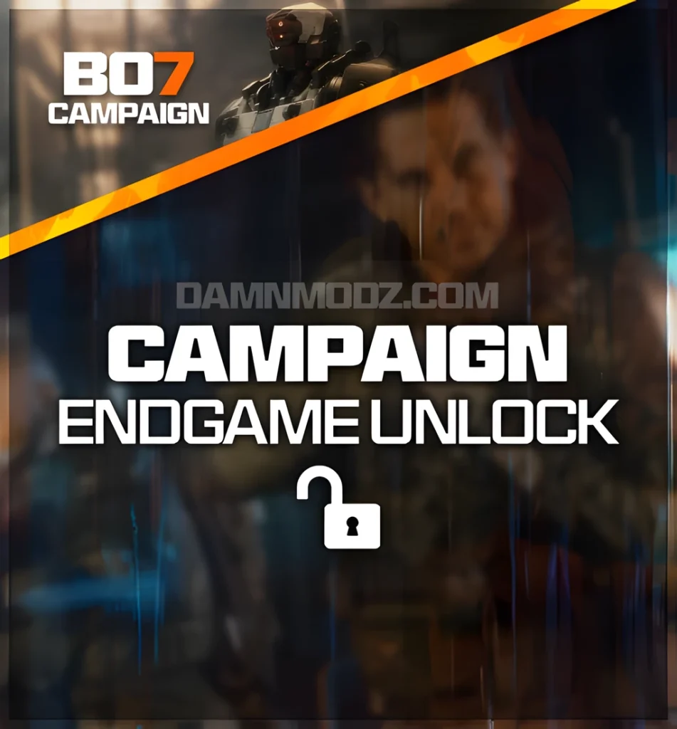 Call of Duty Black Ops 7 Campaign Endgame Unlock service graphic from DamnModz, showcasing fast completion and instant access to endgame missions, storyline content, achievements, and campaign rewards.