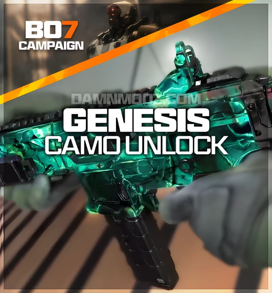 BO7 Campaign – Genesis mastery camo unlock: teal-green iridescent weapon finish, exclusive visual reward promoted by DamnModz.