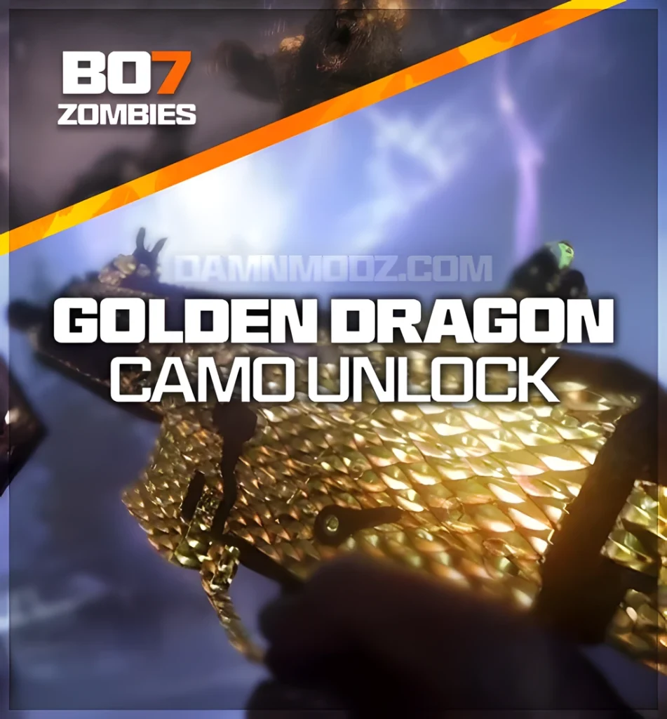 Black Ops 7 Golden Dragon camo unlock image showing dragon-scale gold weapon skin with glowing highlights, available as a rare BO7 cosmetic unlock service for players seeking elite gun customization.