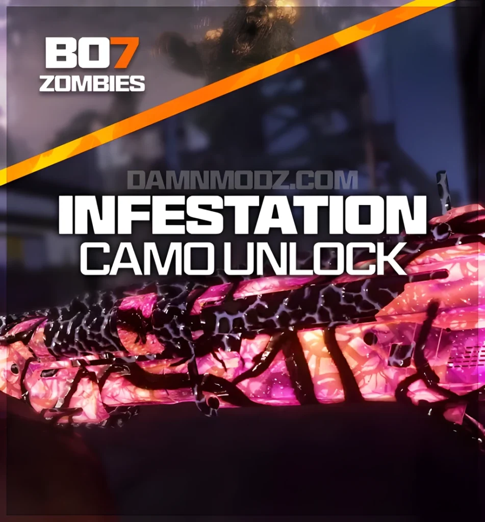 BO7 Zombies – Infestation mastery camo unlock: neon pink and black organic cracked pattern weapon wrap, as featured by DamnModz.