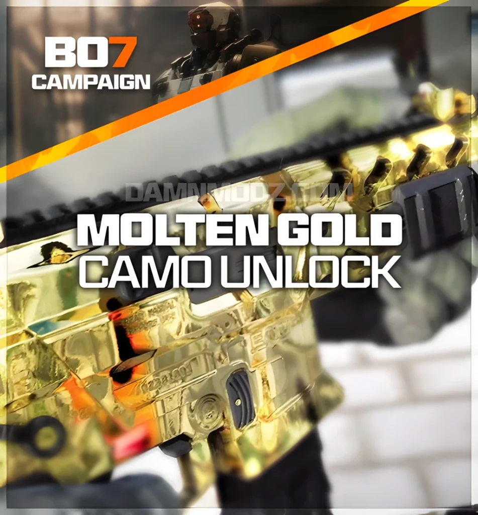 Call of Duty Black Ops 7 Molten Gold camo unlock service picture featuring lava-inspired glowing gold weapon skin, highlighting DamnModz’s premium BO7 camo unlocking for exclusive cosmetic customization.