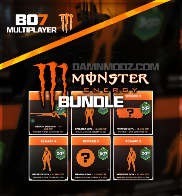 BO7 Monster Energy Bundle rewards including weapon blueprints, operator skins, and 15-minute 2XP bonuses for Call of Duty Black Ops 7 multiplayer.
