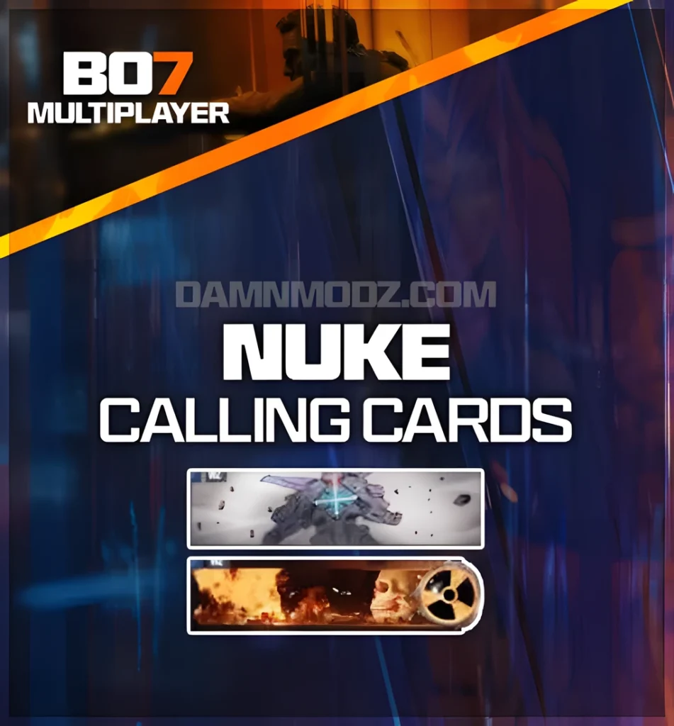 Black Ops 7 Nuke Calling Cards unlock service preview featuring exclusive BO7 nuclear-themed animated calling cards available through DamnModz, designed for players who want rare cosmetic rewards and profile customizations.