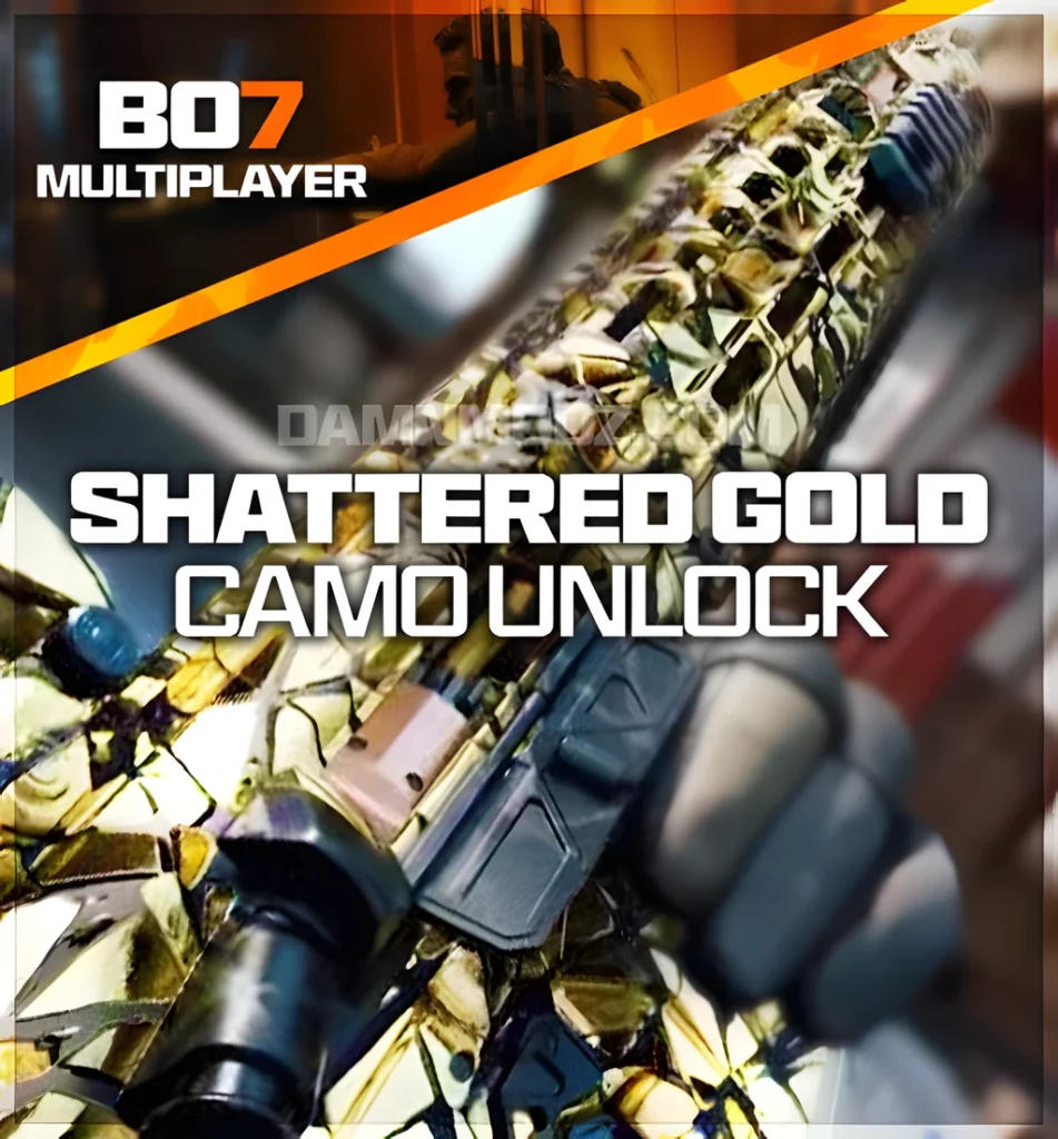 Black Ops 7 Shattered Gold camo unlock image displaying high-detail golden fractured weapon skin for BO7 multiplayer guns, offered as a fast unlock service for players wanting rare and premium camo designs.”