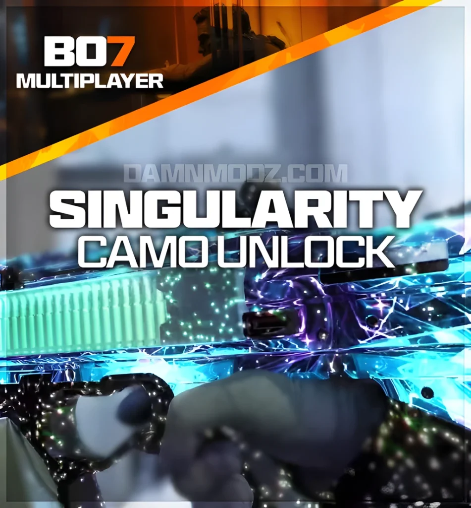 BO7 Multiplayer – Singularity mastery camo unlock: vibrant warped blue energy skin on weapon, showcased by DamnModz.