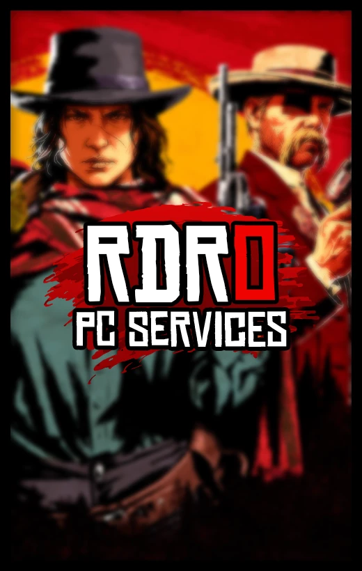 Promotional image for Red Dead Redemption 2 PC services by DamnModz, featuring stylized Western outlaw artwork with a dramatic red and yellow backdrop. Showcases gaming assistance offerings for RDR2 PC players including account setup support, in-game optimization help, and enhanced service packages for Red Dead Redemption Online.