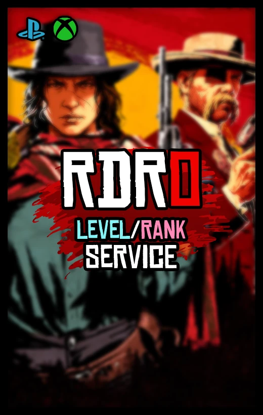 Red Dead Redemption 2 level and rank boosting service for PlayStation and Xbox consoles by DamnModz. Features illustrated frontier characters and console icons. Promotes professional rank advancement solutions for RDR2 Online players seeking faster progression, competitive leveling assistance, and online profile enhancement across major console platform.