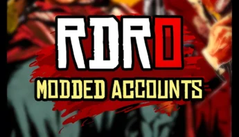 Red Dead Redemption 2 modded accounts service by DamnModz for PlayStation, Xbox, and PC platforms. Graphic displays frontier-style art and console icons. Promotes pre-enhanced RDR2 Online accounts featuring advanced progression elements and boosted gameplay access for users seeking a head start in the online Wild West experience.
