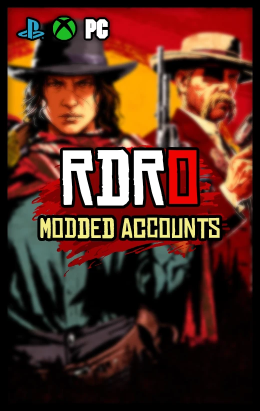 Red Dead Redemption 2 modded accounts service by DamnModz for PlayStation, Xbox, and PC platforms. Graphic displays frontier-style art and console icons. Promotes pre-enhanced RDR2 Online accounts featuring advanced progression elements and boosted gameplay access for users seeking a head start in the online Wild West experience.