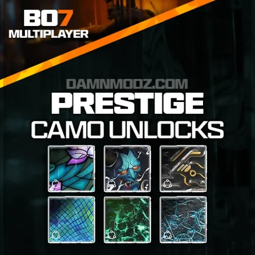 Call of Duty Black Ops 7 Prestige Camo Unlocks service showcasing multiple rare BO7 weapon prestige camo designs, available through DamnModz for fast unlocking of exclusive mastery skins and premium multiplayer weapon cosmetics.