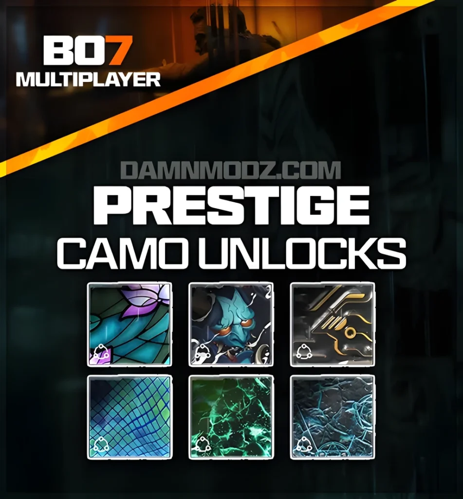 Call of Duty Black Ops 7 Prestige Camo Unlocks service showcasing multiple rare BO7 weapon prestige camo designs, available through DamnModz for fast unlocking of exclusive mastery skins and premium multiplayer weapon cosmetics.